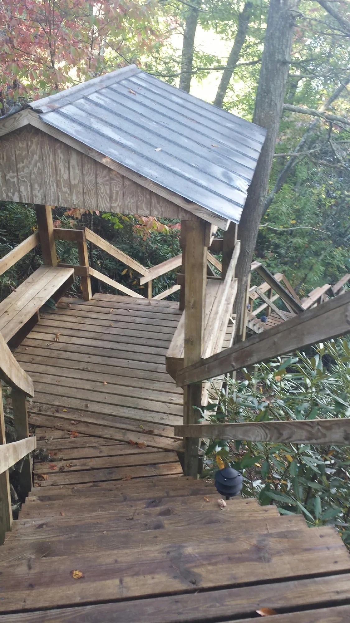 Metal roofed shelter over wooden steps on a wooded walkway — Skylight Repair & Installation work by our crew in College Point